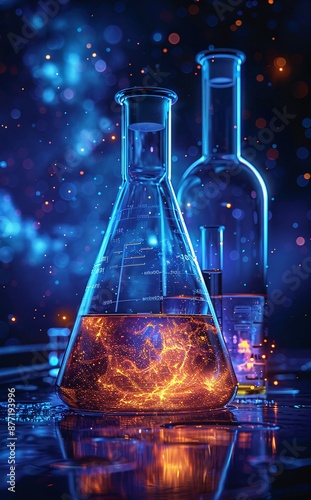 Laboratory Beakers with Glowing Chemical Reactions Under Colorful Night Sky