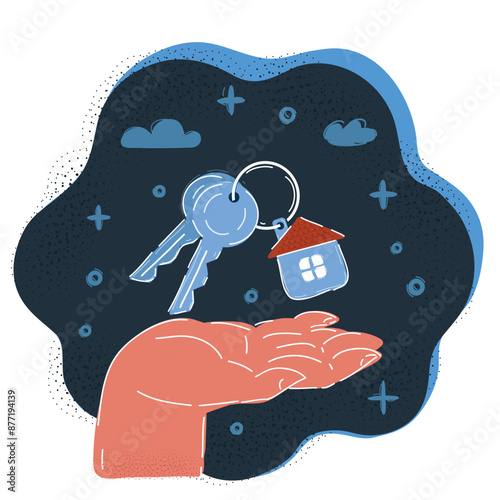 Cartoon vector illustration of house keys in human hand on dark background.