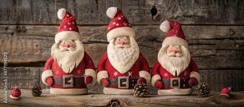 Three Santas on a wooden ba...
