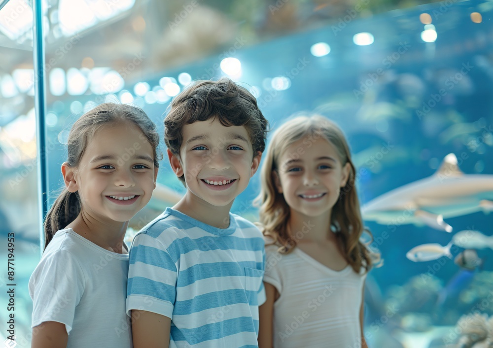 Three Happy Children Enjoying a Day at the Aquarium Together Three Happy Children Enjoying a Day at the Aquarium Together