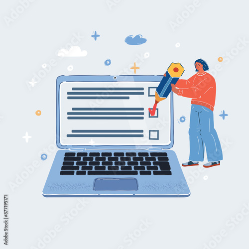 Cartoon vector illustration of Teenager studying questionnaire. Woman checks and grades exam on laptop screen. Stands near big checklist