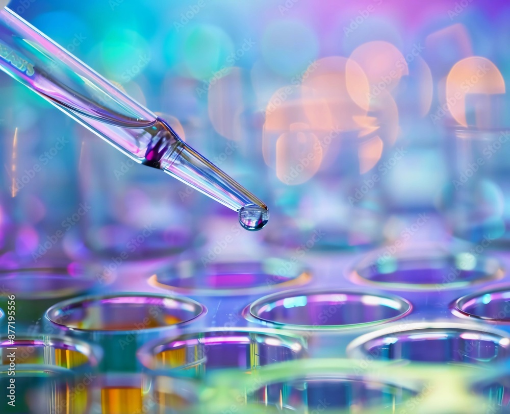 Pipette with liquid in a laboratory on a background of test tubes and petri dishes in a closeup Pipette with liquid in a laboratory on a background of test tubes and petri dishes in a closeup