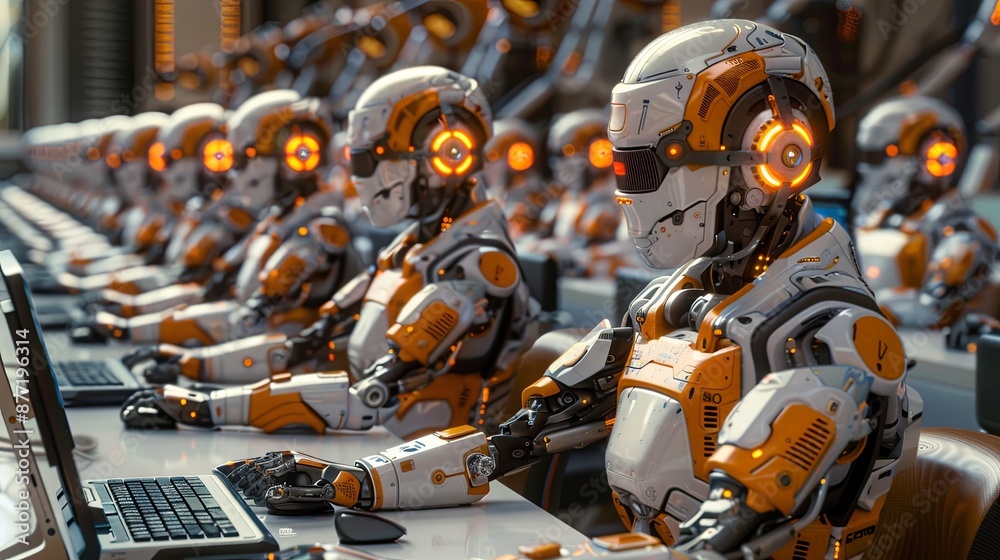 Numerous identical AI robots are seated at desks in an office, This ...