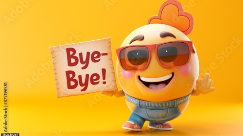 A cheerful emoji cartoon character with sunglasses, holding a sign that says 