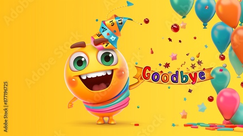 A cheerful emoji cartoon character with a big smile, holding a 