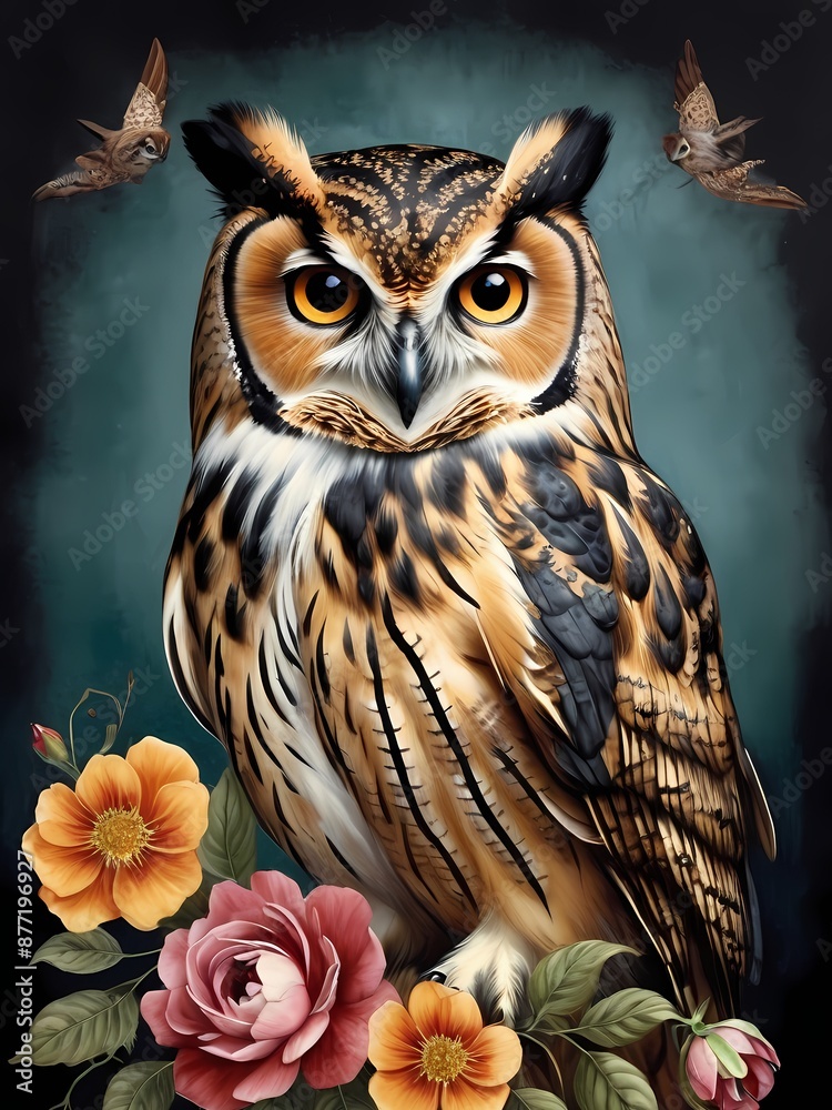 Floral Owl Portrait generative AI illustration Floral Owl Portrait generative AI illustration