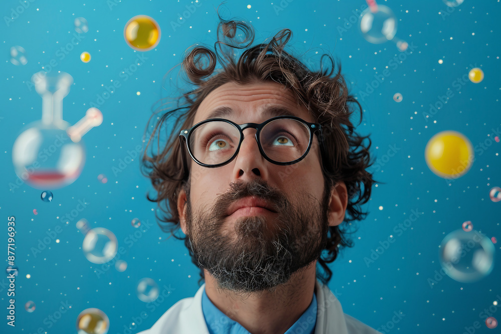 Mad crazy funky scientist in his laboratory with messy hair making research, Generative AI Mad crazy funky scientist in his laboratory with messy hair making research, Generative AI