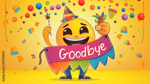 A cheerful emoji cartoon character with a big smile, holding a 