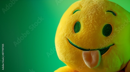 A close-up of a yellow emoji plush toy with a cheeky wink and a tongue out, placed on a neon green background.