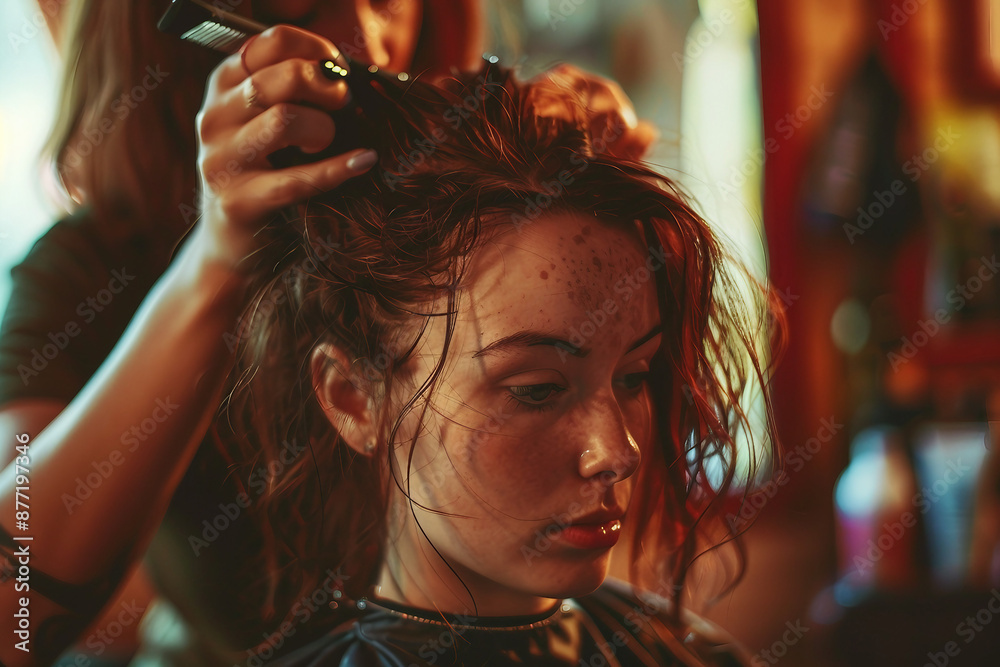 Hairdresser salon room interior, hair specialist making hairdo hairstyle to client, Generative AI Hairdresser salon room interior, hair specialist making hairdo hairstyle to client, Generative AI