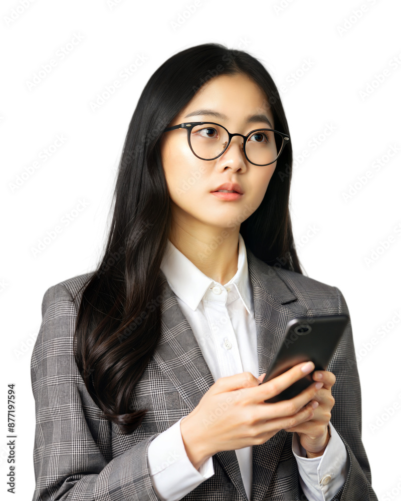 Thinking beautiful girl with glasses , with mobile phone, isolated on white background, png format, business and office concept Thinking beautiful girl with glasses , with mobile phone, isolated on white background, png format, business and office concept