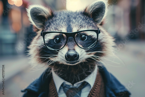 AI generated photo image of racoon wearing suit like human outdoors photo