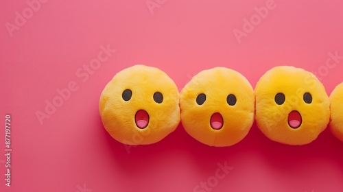 A close-up of three yellow emoji plush toys with different surprised expressions, aligned horizontally on a solid pink background.