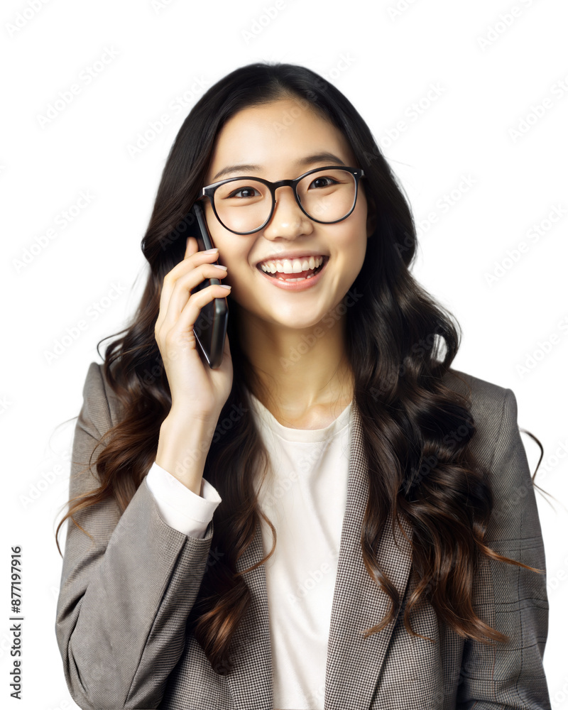Smiling beautiful girl with glasses , speaking mobile phone, isolated on white background, png format, business and office concept Smiling beautiful girl with glasses , speaking mobile phone, isolated on white background, png format, business and office concept