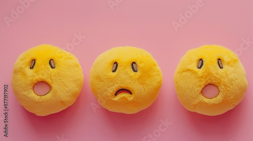 A close-up of three yellow emoji plush toys with different surprised expressions, aligned horizontally on a solid pink background.