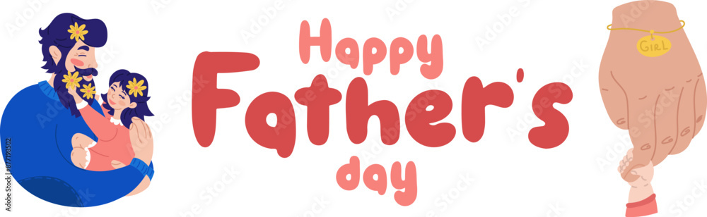 Obraz premium Vector background with happy fathers day, web banner, poster. Dad holds a girl in his arms with flowers in her hair. Warm hugs, love, tenderness. A large hand with a bracelet holds a small one. Pink