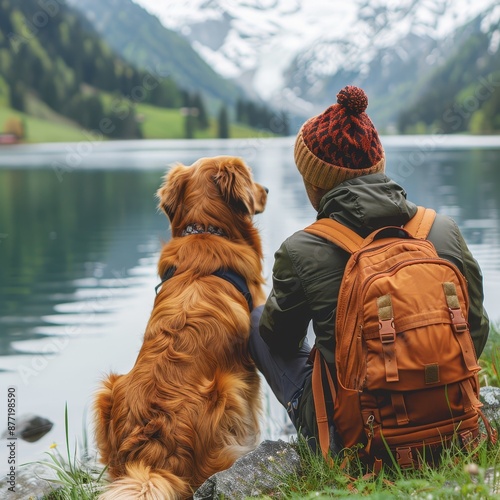 A hiker with an orange backpack and their dog sit by a tranquil mountain lake, enjoying the peaceful scenery in nature.