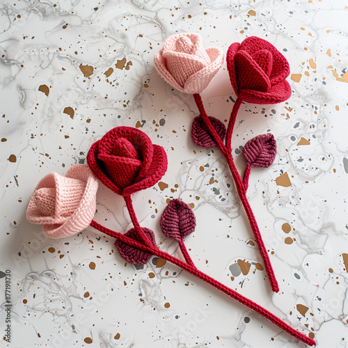 Pretty red pink crochet yarn flowers roses valentine handmade decor DIY gift wool floral textile heart crafting beauty Valentines Day campain flatlay knitted stitching Feb 14th cute beauty background  photo