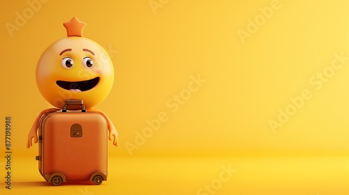 A cute emoji cartoon character with a tiny suitcase, ready for an adventure and saying goodbye on a yellow solid background