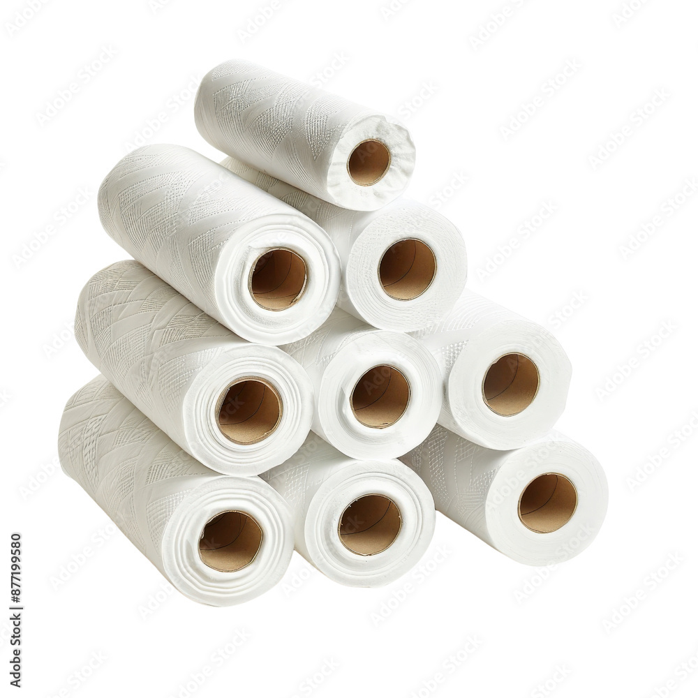 A stack of white paper towel rolls arranged in a pyramid formation on a plain background, highlighting household cleaning essentials. A stack of white paper towel rolls arranged in a pyramid formation on a plain background, highlighting household cleaning essentials.