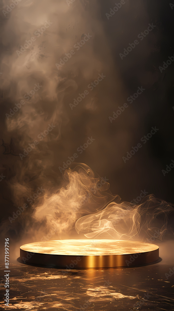 Round golden podium with smoke and spotlight Round golden podium with smoke and spotlight
