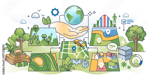 Geo data mapping for area navigation and location outline hands concept, transparent background. Use GPS to develop maps with terrain, relief and topographic land zones illustration.