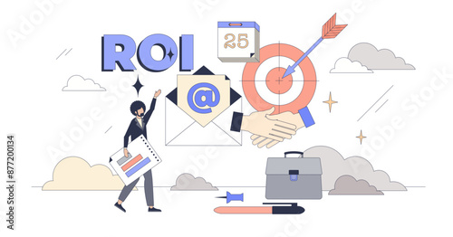 C-suite targeted email campaigns tiny person neubrutalism concept, transparent background. Mail letter marketing strategy aimed for CEO, CFO or other top level executives for agreement.