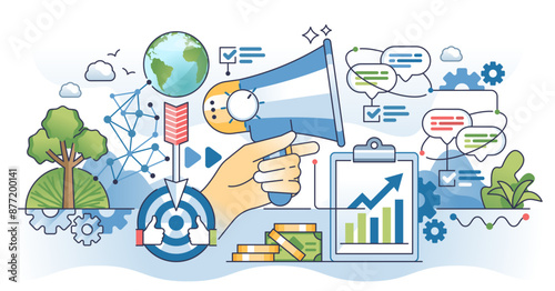 Good marketing strategy with effective promotion outline hands concept, transparent background. Targeted audience for ads efficiency and sales boost illustration. Social media communication.