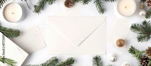 White background with a collection of items like envelopes a blank card a Christmas wreath candles fir branches and decorations ideal for a copy space image photo