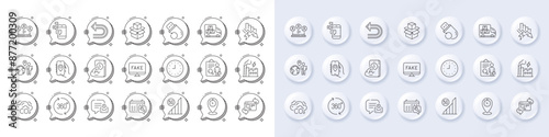 Refresh website, Location app and Outsource work line icons. White pin 3d buttons, chat bubbles icons. Pack of Fake news, Spanner, Clock icon. Vector
