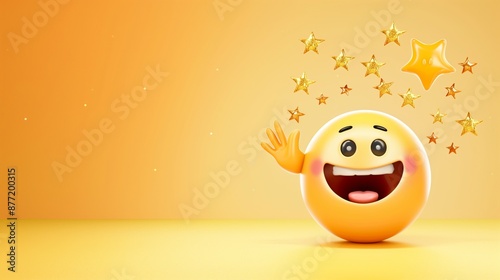 A friendly emoji cartoon character with a waving hand and a big smile, surrounded by stars on a yellow solid isolated background