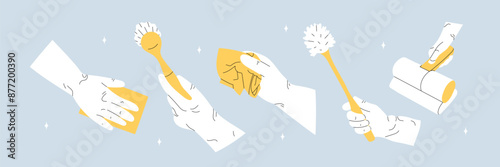 Hands hold a vacuum cleaner, brush, cloth, sponge for washing. Clean home appliances, products, supplies for housework. Flat vector illustration on isolated blue background