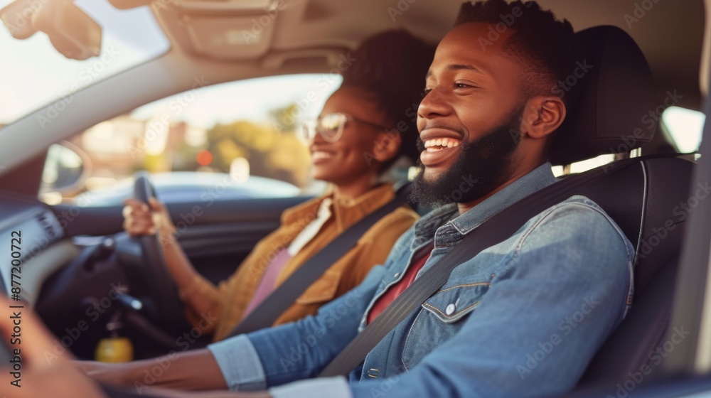 A couple sits in a car, smiling and fastening their seat belts before driving A couple sits in a car, smiling and fastening their seat belts before driving