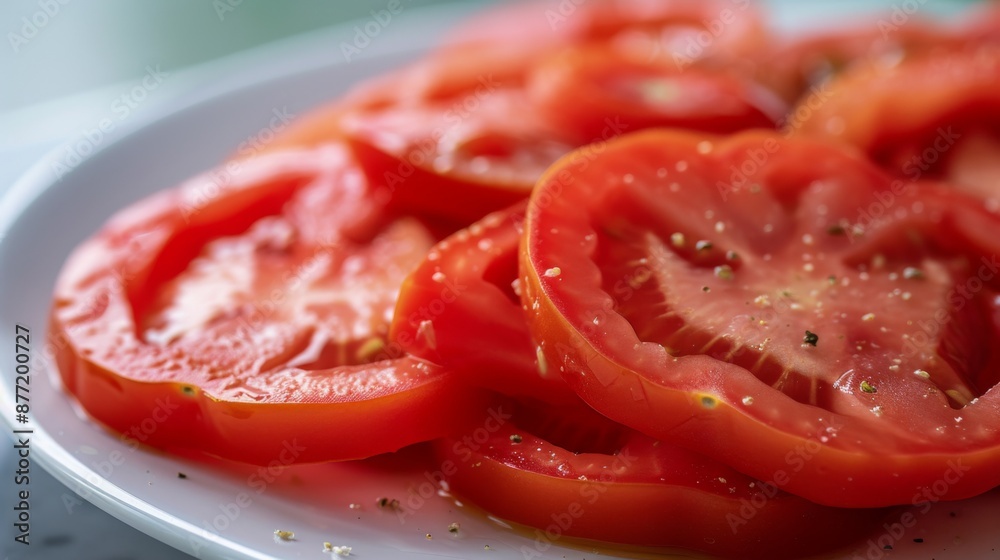 Freshly sliced tomatoes neatly arranged on a white plate Freshly sliced tomatoes neatly arranged on a white plate