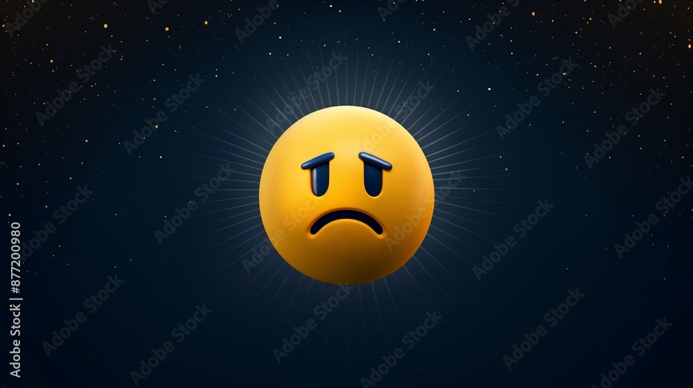 Fototapeta premium A large yellow sad emoji centered on a deep navy blue background, with subtle light rays emanating from behind,