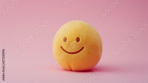 A minimalist composition featuring a single yellow emoji plush toy with a calm and relaxed smile, set against a pastel pink background.