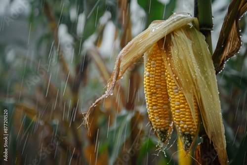 A close-up of corn cobs in a cornfield during rainfall, emphasizing the water droplets on the husks and leaves, against a backdrop of blurred green crops and muted skies photo