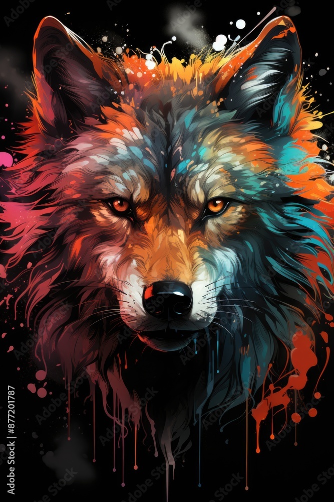 Illustration of a wolf head with paint splashes on a black background, generative IA Illustration of a wolf head with paint splashes on a black background, generative IA