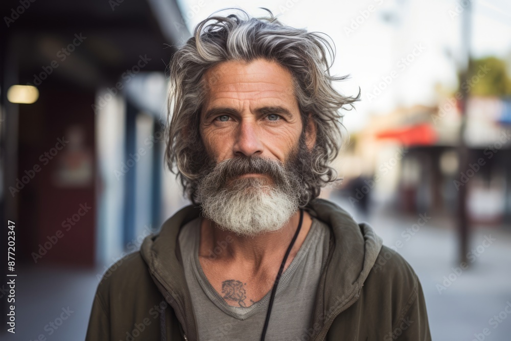 Portrait of a handsome senior man with long gray hair and beard in urban background Portrait of a handsome senior man with long gray hair and beard in urban background