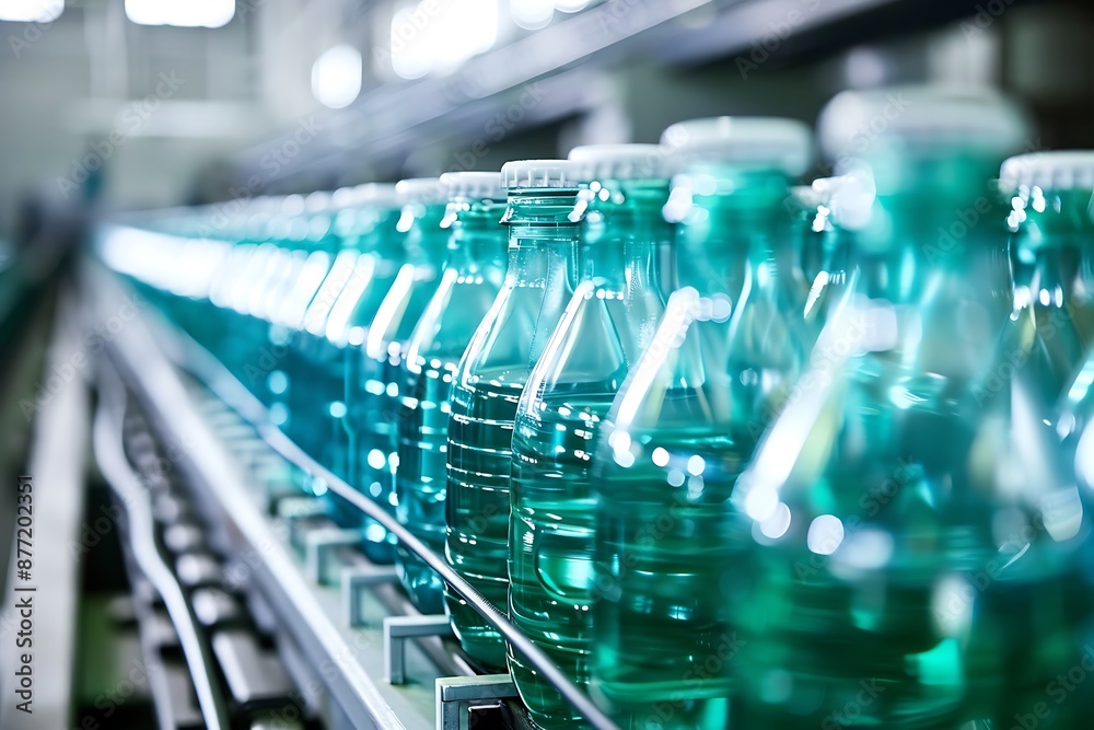 Concentrated quality control workers controlling production of bottled drinking Concentrated quality control workers controlling production of bottled drinking