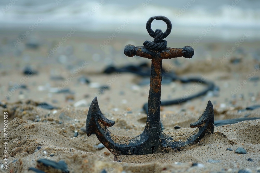 Weathered, rusty anchor partially buried in the sand with gentle ocean waves and distant horizon in the background Weathered, rusty anchor partially buried in the sand with gentle ocean waves and distant horizon in the background