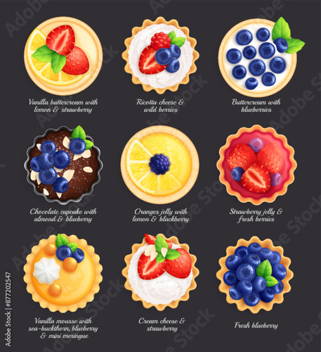 Set of different tarts, open pastry pies and cake with fresh berries. 
Healthy dessert breakfast, morning table. Isolated on dark background, top view. Realistic vector illustration