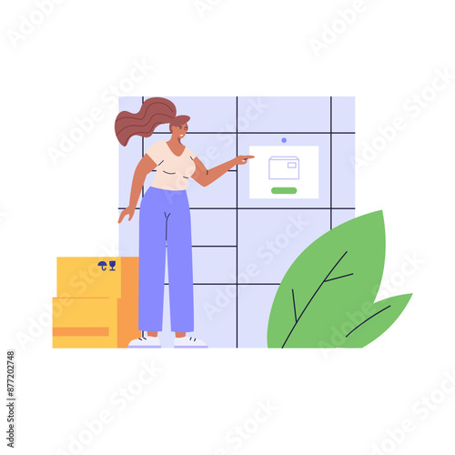 Customer use self-service post terminal. Man with parcel opening locker or storage. Concept of automated service parcel, post delivery service. Self-service for online purchase. Vector illustration
