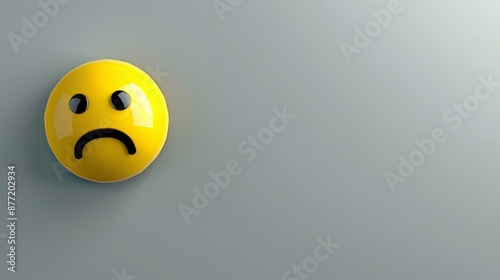 A yellow sad emoji on a solid light gray background, with a glossy finish and shadow,