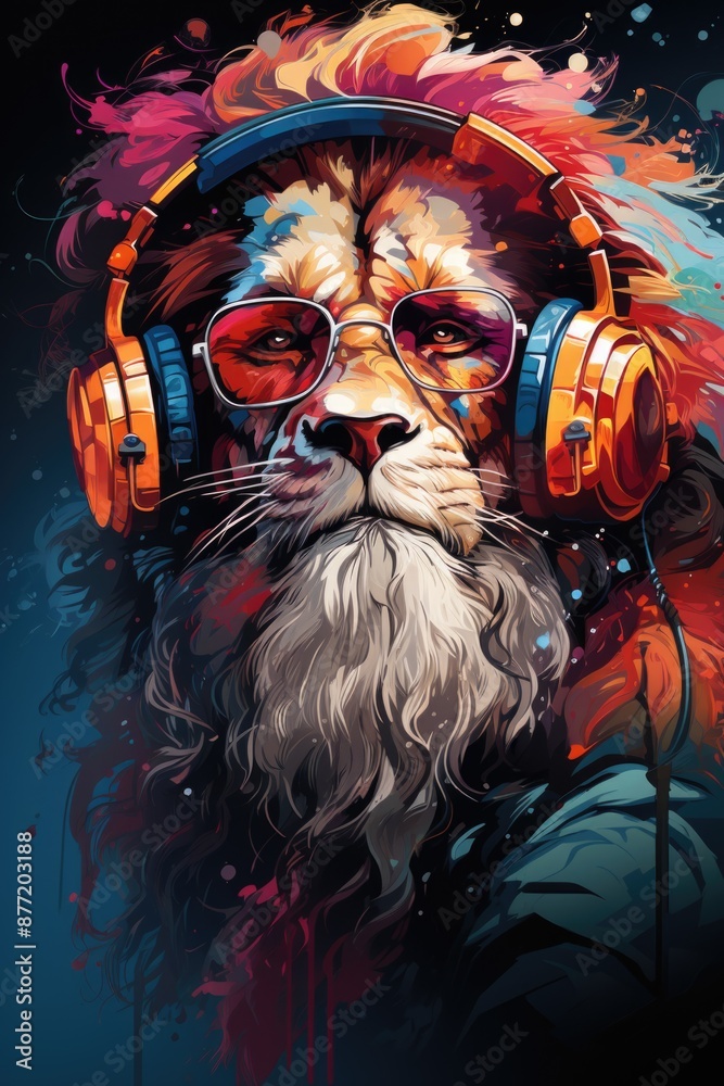 Cool party lion in headphones in white background, generative IA