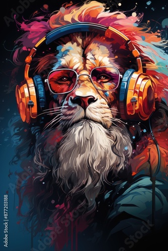 Obraz na płótnie Cool party lion in headphones in white background, generative IA w salonie