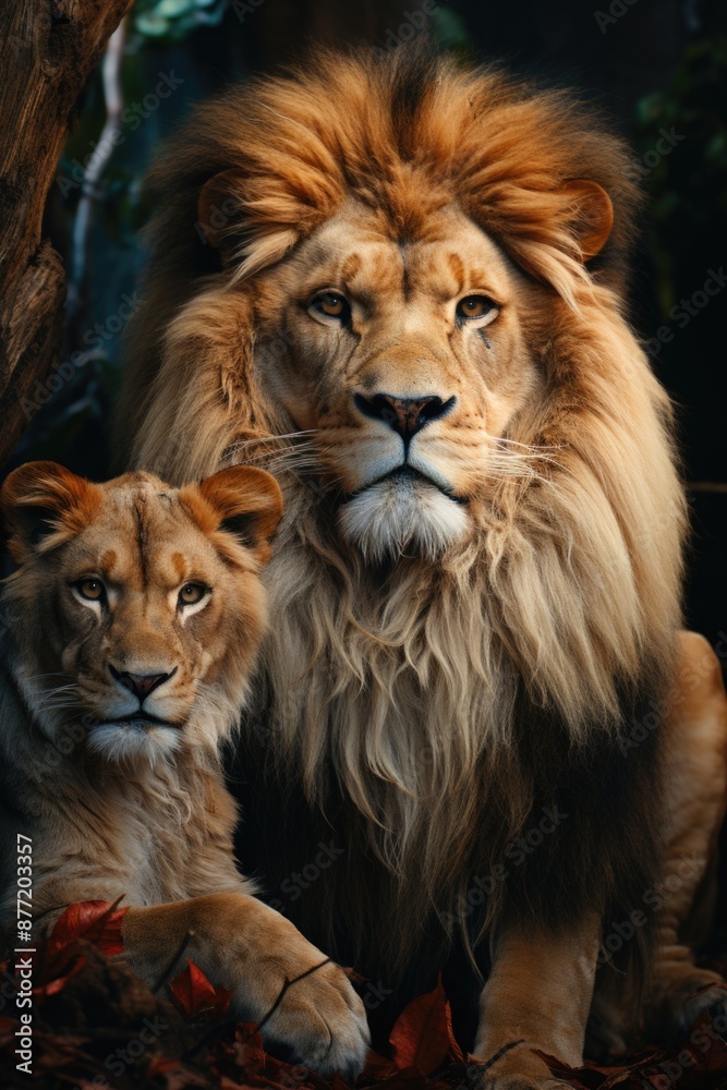 Male lions resting on the floor, generative IA Male lions resting on the floor, generative IA