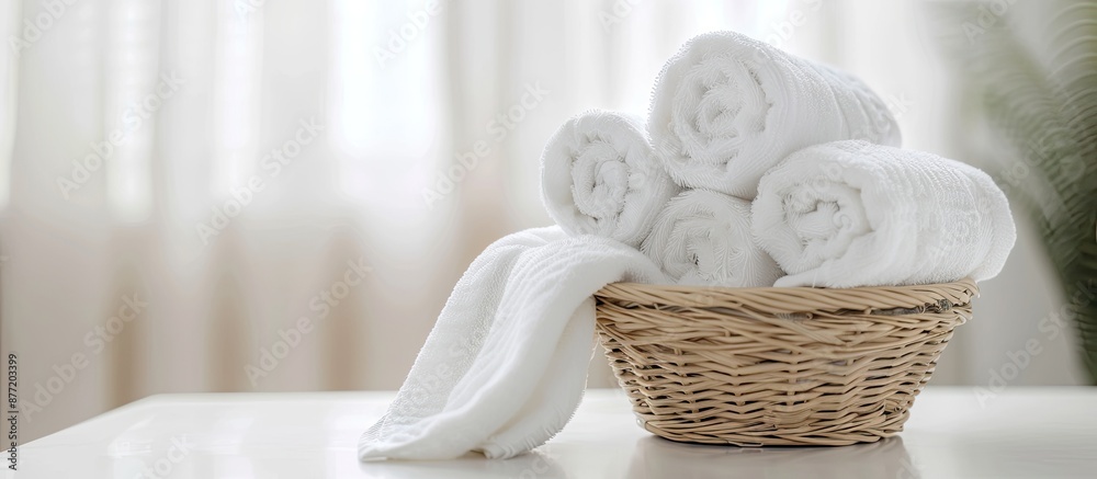 White towels neatly rolled in a basket on a white table with a copy space image White towels neatly rolled in a basket on a white table with a copy space image
