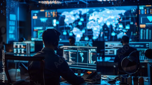 Vigilant Surveillance: Expert Team in Action at a Busy Security Operations Center (SOC)