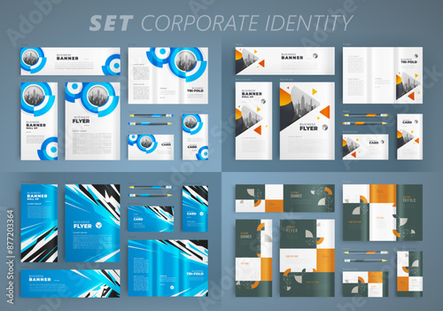 Set Corporate Identity template cover flyer, tri-fold, banner, roll up banner, business card